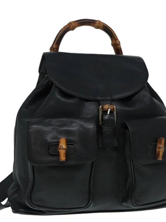 GUCCI Bamboo Backpack Leather Black Gold 008 2058 0016 Auth am6979 main image 5
